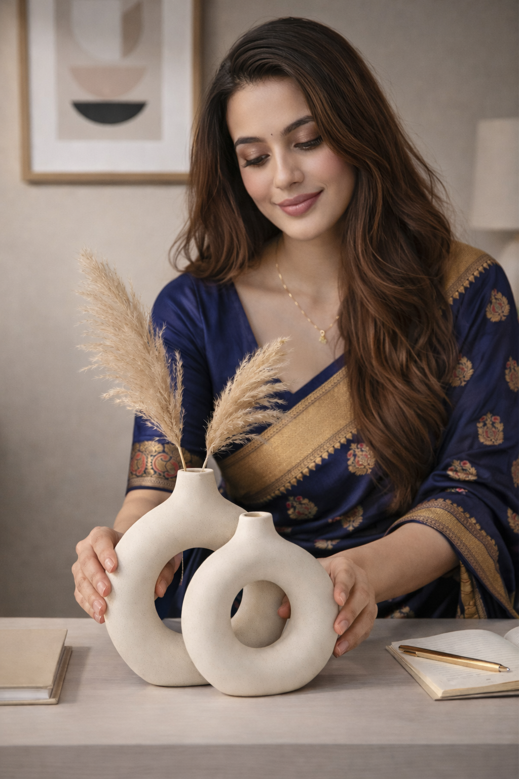 Modern White Ceramic Vase Set – Minimalist Donut-Shaped Matte Vases for Home Décor, Nordic Boho Pampas Grass Flower Holder for Living Room, Coffee Table & Gift Display (Set of 2)